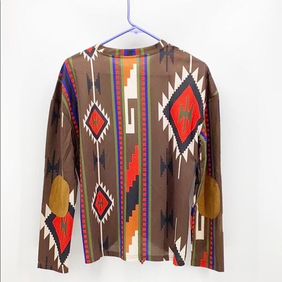Southwestern Aztec tie front elbow patches top western native sz L - Picture 2 of 8